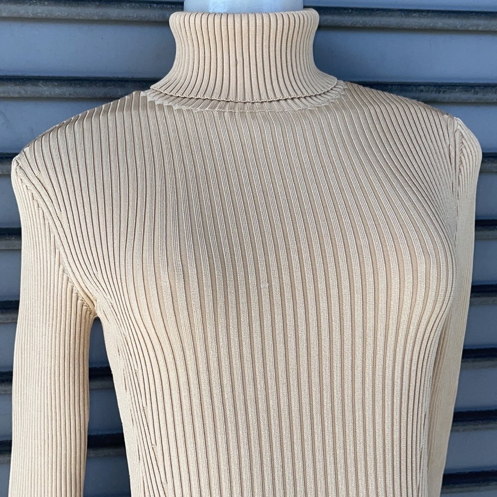 Essentials Beige Ribbed Turtleneck Top Size 2 - Picture 3 of 9